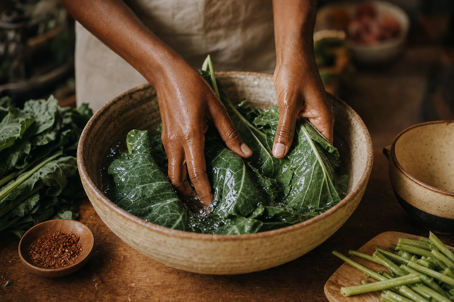 Fresh collard greens being prepared in a rustic kitchen