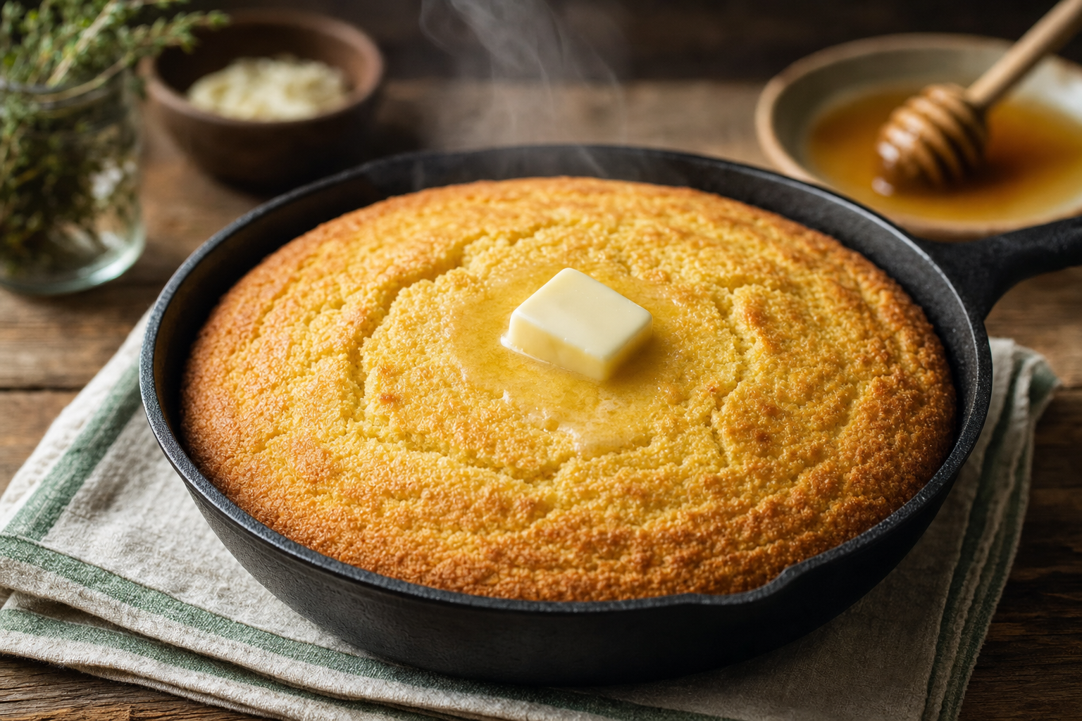 Golden cornbread fresh from a cast iron skillet