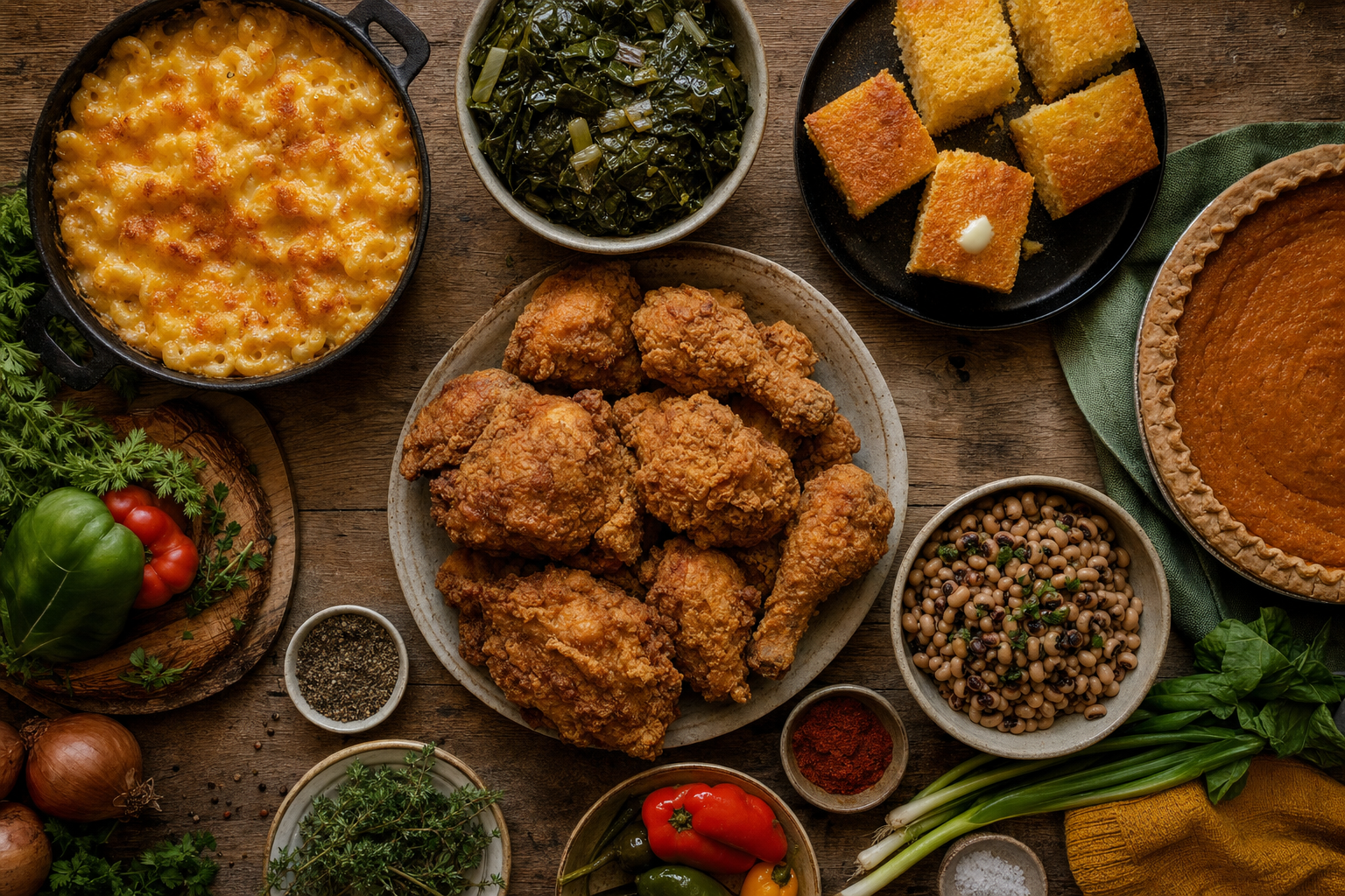 Spread of soul food dishes including fried chicken, collard greens, mac and cheese, and cornbread on a rustic wooden table
